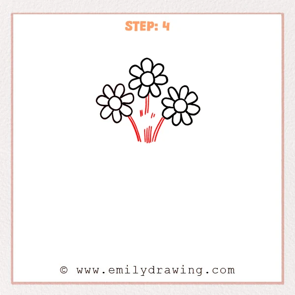 how to draw a flower vase - Step 4 of how to draw a flower vase: curved stems are added beneath the three flowers, gathering into a small bouquet shape.